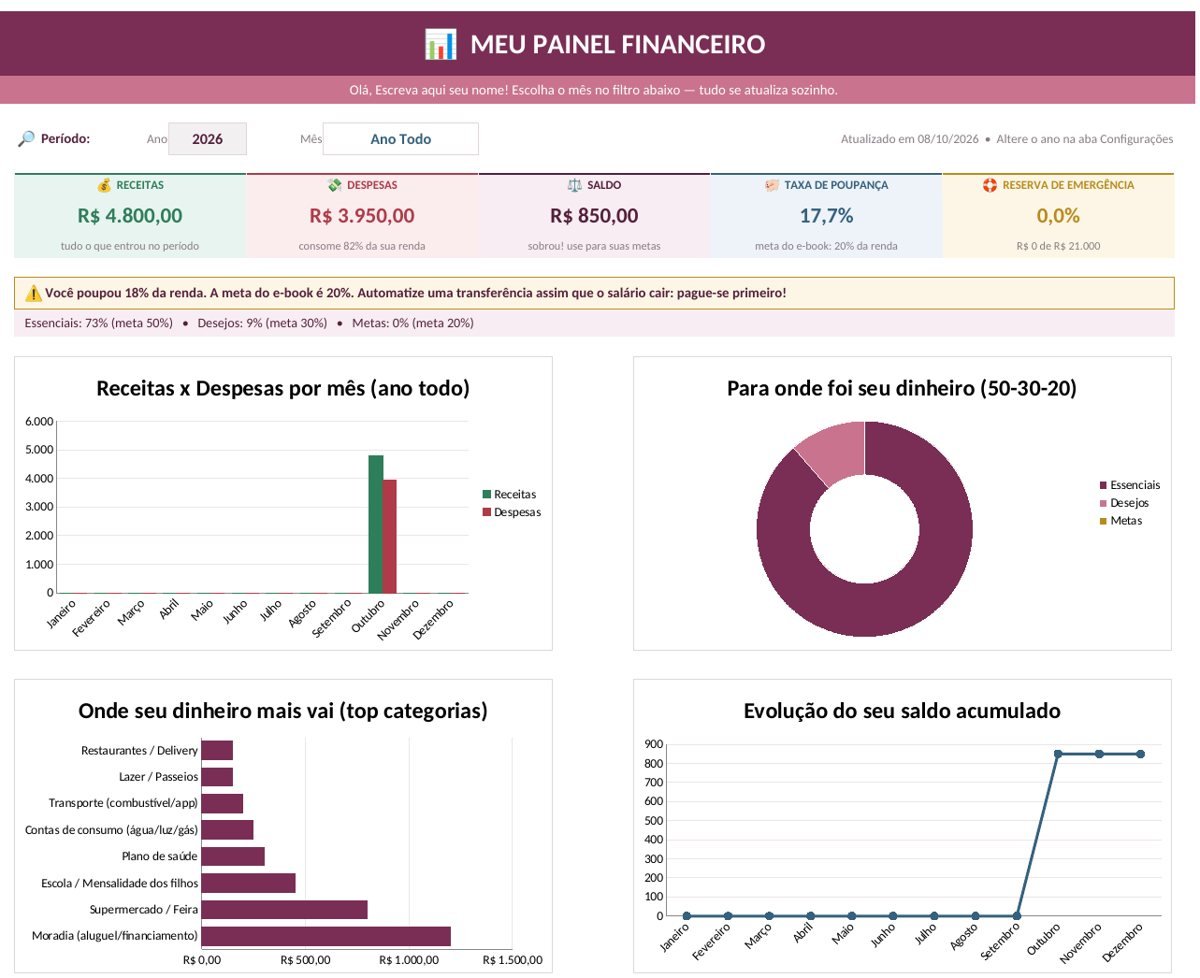 Painel da planilha financeira com receitas, despesas, saldo, taxa de poupança, reserva de emergência e quatro gráficos